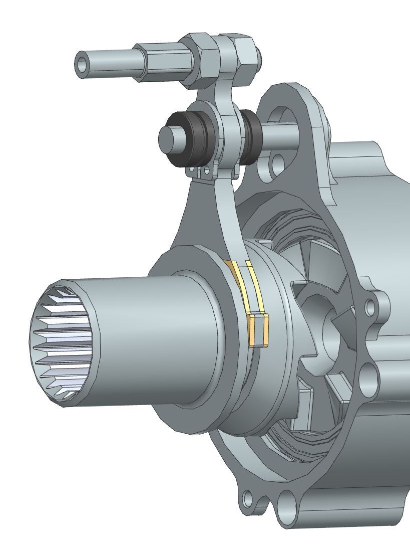 Modified throwout fork with the guiding linear rail pressed into the transfer case.