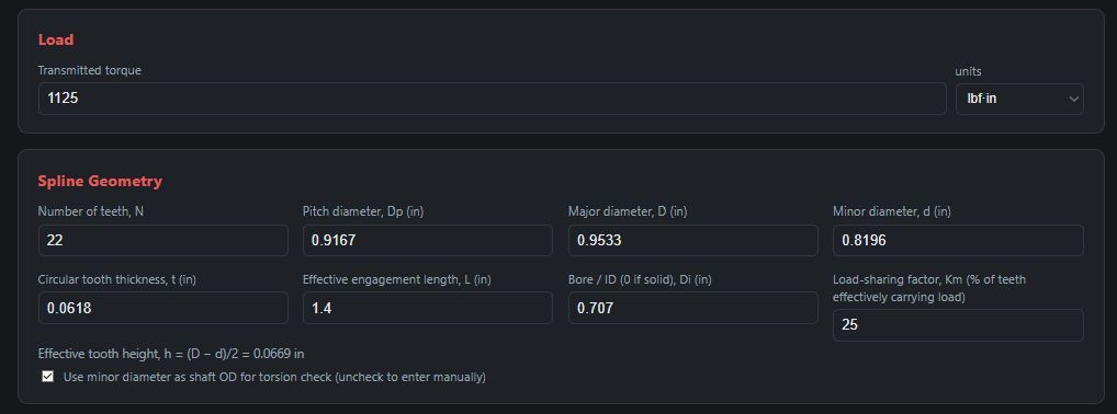 Initial spline sizing calculations given the known actuation distance